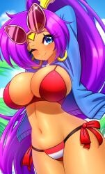 1girls beach bikini blue_eyes blue_jacket breasts clouds earrings hoop_earrings jacket looking_at_viewer lukari medium_breasts midriff navel ocean outside ponytail purple_hair red_bikini red_swimsuit shantae shantae_(character) side-tie_bikini side-tie_swimsuit sky striped_bikini striped_swimsuit sunglasses sunglasses_on_head swimsuit tiara