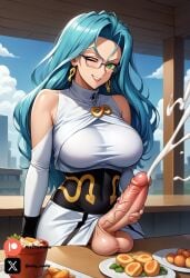 1futa ai_generated blue_hair breasts cock colored cum_on_food cumming_on_food dick erection futa_only futanari futanari/female glasses green_eyes light_skin light_skinned_futanari long_hair nickythecreator one_punch_man penis psykos sexy sexy_body sexy_pose testicles uncensored veiny_penis