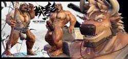 2025 2_horns 3d_(artwork) 4_fingers abs anthro areola artist_name asian_clothing balls barefoot beard black_nose black_penis blue_eyes blue_sash bodily_fluids bovid bovine brown_areola brown_body brown_facial_hair brown_fur brown_nipples bulge cattle character_name chiefkaine chiefkaine_(modeler) cjk_character close-up clothing cum cumshot digital_media_(artwork) east_asian_clothing ejaculation english_text facial_hair feet fingers fundoshi fur genital_fluids genitals grey_clothing grey_robe hair hi_res holding_object holding_own_penis holding_staff horn japanese_clothing jewelry leaning leaning_against_rocks leaning_backward male mammal masturbation model_sheet multicolored_body multicolored_fur muscular muscular_anthro muscular_male muscular_thighs nails necklace nipples niu_tie_zong nude open_mouth pecs penis plant pubes robe rock solo staff standing tail tan_body tan_fur tan_hair text toenails toes tongue tongue_out topwear torn_clothing torn_topwear twitter twitter_handle twitter_logo two_tone_body two_tone_fur underwear vein veiny_muscles veiny_penis white_clothing white_fundoshi white_underwear