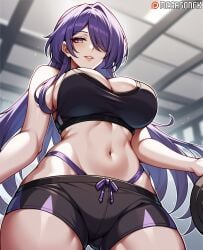 acheron_(honkai:_star_rail) ai_generated bangs bare_shoulders black_shorts blush breasts cleavage female from_below gym hair_over_one_eye highleg honkai:_star_rail honkai_(series) large_breasts long_hair looking_at_viewer megasonek midriff navel parted_lips patreon_username purple_eyes purple_hair short_shorts shorts smile solo sports_bra thighs watermark