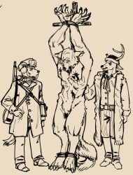 anthro arms_tied biped bound broken_antler bullet_wound canid canine canis death deer fur_coat ganii group gun hi_res legs_tied male mammal muscular muscular_anthro muscular_male ranged_weapon trio weapon wolf