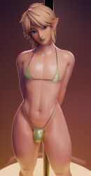 1boy bikini blue_eyes breath_of_the_wild bulge elf erection_under_clothes femboy fugtrup link link_(breath_of_the_wild) male_only micro_bikini nintendo pole solo solo_focus solo_male source_request stripper_pole the_legend_of_zelda thick_thighs