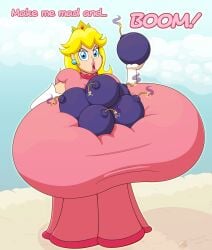 1girls blonde_hair blue_eyes bomb breasts crown dress earrings english_text explosives female female_focus female_only gunpowdergreentea huge_breasts hyper_breasts large_breasts lips mario_(series) nintendo princess princess_peach resting_on_breasts super_mario_bros. text