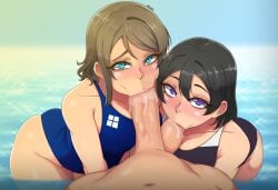 1boy ass ball_sucking black_hair blue_eyes brown_hair competition_swimsuit double_fellatio fellatio group_sex led103 love_live! love_live!_sunshine!! multiple_girls ocean one-piece_swimsuit oral purple_eyes swimsuit testicle_sucking testicles watanabe_tsuki watanabe_you water