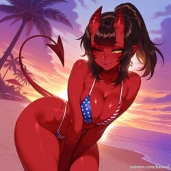 ai_generated american_flag_bikini balecxi barista beach black_hair cleavage colored_skin demon_girl demon_horns demon_tail female flag_print freckles large_breasts long_hair looking_at_viewer meru_(merunyaa) meruccubus_(merunyaa) mole mole_under_eye one_eye_closed outdoors palm_tree pointy_ears ponytail red_oni red_skin skin-covered_horns solo sunset swimsuit tongue tongue_out yellow_eyes