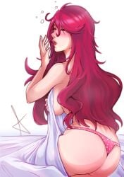 1girls ass ass_focus bed bed_sheet big_ass big_breasts blush blushing breasts covering_breasts female female_only kirijou_mitsuru large_ass long_hair megami_tensei messy_hair mitsuru_kirijo panties persona persona_3 pink_panties red_draws red_hair sideboob solo solo_female waking_up