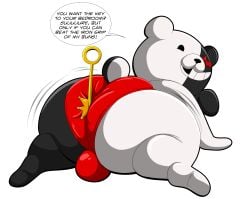 absurd_res anthro ass bear big_butt bulge butt_clench clothed clothing danganronpa dialogue hi_res holding_object_between_buttocks key looking_at_viewer looking_back lying male male_only mammal monokuma motion_lines object_between_cheeks on_front panties red_clothing red_panties red_underwear solo spike_chunsoft taunting tepigfan101 underwear underwear_only