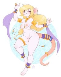 4:5 aerial_silk anthro bangle biped blonde_hair blush bracelet breasts collar dancer_outfit digital_media_(artwork) ear_piercing female finger_cymbals fingers fur genitals gold_(metal) gold_jewelry hair harem_outfit hi_res jewelry long_hair looking_at_viewer mammal mostly_nude mostly_nude_anthro mostly_nude_female murid murine navel nipples onnanoko piercing pussy rat rat_tail red_eyes rodent sash shannon_(bahumot) silk silk_dancing simple_background smile solo tail vulva white_body white_fur