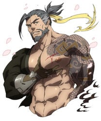 1boy abs bara blizzard_entertainment blood hana_(artist) hanzo konohanaya male male_only muscle overwatch pecs solo sweat tattoo yaoi