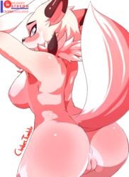 1girls 2017 absurd_res anthro anus ass back big_breasts blue_eyes blush breasts canid canine canis civibes female female_focus female_only fur furry furry_only hi_res highres looking_at_viewer looking_back lycanroc mammal midday_lycanroc naked nintendo nipples nude patreon pokemon pokemon_sm pussy rear_view sideboob simple_background solo solo_female solo_focus tail thick_thighs watermark white_fur