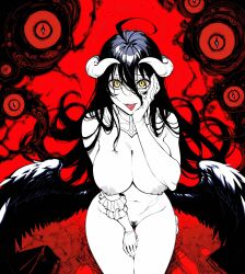 ahoge ai_generated albedo_(overlord) black_hair black_wings breasts demon_girl demon_horns detached_collar feathered_wings female female_pubic_hair gloves hair_between_eyes hand_on_own_cheek hand_on_own_face horns large_breasts long_hair looking_at_viewer low_wings navel nipples nude overlord_(maruyama) pubic_hair red_background seiza self_upload sitting slit_pupils solo spare1632 tongue tongue_out white_horns wings yellow_eyes