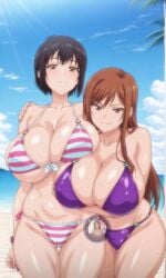 2girls ai_generated ayane_shirakawa bikini breasts female female_only kotone_shirakawa large_breasts light-skinned_female light_skin looking_at_viewer overflow_(series) purple_bikini shiny_skin sisters swimsuit thick_thighs thighs wet wide_hips yuukiai