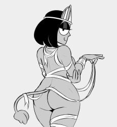 african_female ass backview bracelet cartoon_network egyptian feline_tail gollyollyoxenfree grayscale lion_tail looking_at_viewer miss_mummy mummy mummy_wrappings ok_k.o.!_let's_be_heroes solo solo_female stripping superheroine undressing