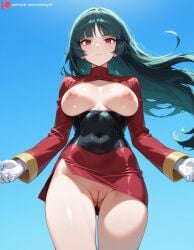 1girls ai_generated arms_out ass_visible_through_thighs bangs blue_sky bottomless bottomless_female breasts clear_sky closed_mouth cowboy_shot dark_green_hair dress edosynf expressionless female floating floating_hair from_below gloves green_hair hair_between_eyes highres large_breasts long_hair long_sleeves looking_at_viewer looking_down medium_breasts nintendo nipples outdoors pokemon pokemon_(anime) pokemon_(game) pussy red_dress red_eyes sabrina_(pokemon) self_upload serious shiny shiny_hair shiny_skin sidelocks sky solo solo_focus standing thick_thighs thighs topless uncensored upskirt very_long_hair white_gloves wide_sleeves wind