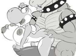 1boy 1girls anthro ass ass_grab big_breasts bowser breast_grab breasts collar duo erection female female_focus greyscale hand_on_ass hyper hyper_penis koopa larger_male looking_at_another looking_back male mario_(series) monochrome muscular muscular_male nintendo nipples nude open_mouth penis scalie seii3 seiiartworks size_difference smile straight tapering_penis video_games voluptuous yoshi