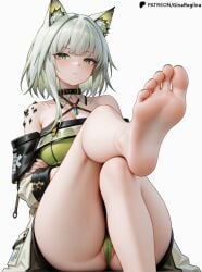 ai_assisted ai_generated arknights arm_under_breasts arms_crossed_under_breasts camel_toe cat_ears clothed_female feet foot_fetish foot_focus ginaregilna green_eyes green_panties kal'tsit_(arknights) looking_at_viewer panty_peek patreon_username serious_look simple_background slight_blush soles toenail_polish toes white_background