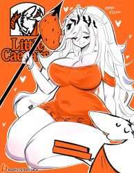 1boy 1girls 2026 bare_shoulders bare_thighs batcubus big_breasts big_cleopatra big_hair blush breasts cleavage closed_eyes clothed clothing color covered_navel dress_strap_slip eating english_text female food hair heart heart_symbol hearts hi_res holding_spear holding_weapon huge_breasts huge_thighs laurel_crown light-skinned_female light_skin little_caesar little_caesars long_hair orange_background orange_theme pizza simple_background speaking spear strap_slip talking text thick_thighs thighs toga tongue tongue_out weapon white_body white_hair