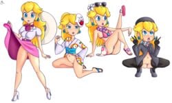 blonde_hair blue_eyes boo_(mario) clothing earrings female flower high_heels kimono lips mario_(series) nintendo open_toe_shoes princess_peach pussy rasenxoru sandals simple_background solo sunglasses super_mario_odyssey vagina