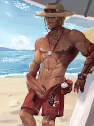 1boy balls bara beach beach_umbrella belt blizzard_entertainment cloud cole_cassidy going_commando hair hairy_arms hairy_chest hairy_legs hat kaito_draws leaning lifeguard lifeguard_cassidy male male_only mechanical_arm muscle muscles muscular no_shirt no_underwear outside overwatch penis penis_out popsicle_stick precum pubic_hair red_clothing robot_arm sand seaside shorts shorts_down sky solo straw_hat stubble sunglasses topless topless_male umbrella unbuckled_belt water whistle whistle_around_neck yaoi