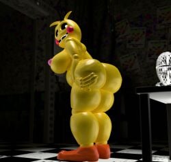 3d animatronic beak belly big_ass big_breasts big_lips big_nipples big_thighs blender chica_(fnaf) embarrassed five_nights_at_freddy's five_nights_at_freddy's_2 fnaf garry's_mod imminent_oral imminent_sex makeup naked nude office presenting reversemilkman robot_girl solo toy_chica_(fnaf) yellow_body