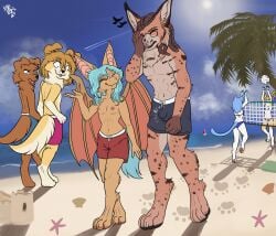 2025 anthro aroused asterozoan avian bat beach beach_background bikini bird boat bonbonsart bottomwear breasts brown_body bulge canid canine clothed clothing cloud detailed_bulge digital_drawing_(artwork) digital_media_(artwork) echinoderm facepalm felid feline female fennec_fox fox fur group happy hi_res hybrid light lynx male male/male mammal marine outside palm_tree partially_clothed plant sand sand_castle sculpture sea shell shorts small_breasts smug sport starfish sunlight swimming_trunks swimwear three-quarter_view tree true_fox two-piece_swimsuit vehicle volleyball walking water watercraft white_body white_fur yellow_body yellow_fur