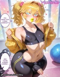 ai_generated blonde_eyelashes blonde_hair blue_eyes dialogue ejaculation eyelashes eyeshadow femboy freckles green_lipstick gym lipstick opening_jacket penis penis_out puffy_lips sports_bra trap twintails wizmothkey yoga_pants