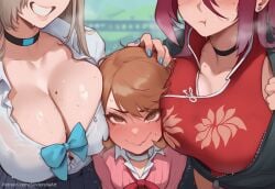 3girls aftermath ai_generated asuna_(blue_archive) big_breasts blue_archive boob_squish breast_press breasts breasts_bigger_than_head busty cleavage commission crossover female female_only huge_breasts large_breasts long_hair megami_tensei milf multiple_girls patreon patreon_url patreon_username pawg persona persona_3 reijo_(blue_archive) sinderellaart smiling_at_viewer squished squished_between_breasts squished_breasts teen teen_girl teenage_girl teenager thick voluptuous voluptuous_female yukari_takeba