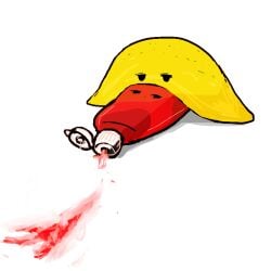 1:1 2024 animate_inanimate black_eyes digital_drawing_(artwork) digital_media_(artwork) duo eye_contact eyelashes female female_on_top food food_creature ketchup ketchup_bottle kuchiiya looking_at_another lying male male/female male_on_bottom narrowed_eyes noseless not_furry omelette on_back on_bottom on_ground on_top red_body shadow simple_background simple_eyes simple_face white_background yellow_body