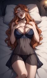 1girls ai_generated bigmic145 blue_dress braid breasts castlevania castlevania_(netflix) hair_ornament lenore_(castlevania) lips long_hair medium_breasts negligee orange_hair panties see-through see-through_clothing sleeping vampire vampire_girl wavy_hair