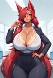 ai_generated hips_wider_than_shoulders huge_breasts large_butt league_of_legends miniskirt office pierced_nipples riot_games skirt suit tagme tan_body tan_skin tanline xayah xayahl0ver