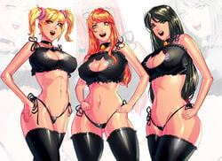 3girls absurdres bell bell_collar big_breasts black_bra black_legwear black_panties blonde_hair blue_eyes bra breasts brown_eyes brown_hair cat_ear_panties cat_ears cat_keyhole_bra cat_lingerie cleavage cleavage_cutout collar crossover female female_only final_fantasy final_fantasy_vii frilled_legwear frills hand_on_hips heart-shaped_pupils highres hourglass_figure juliet_starling large_breasts lollipop_chainsaw long_hair looking_at_viewer low-tied_long_hair multiple_girls nami navel one_piece open_mouth orange_eyes orange_hair panties short_twintails side-tie_panties smile thighhighs tifa_lockhart twintails underwear very_long_hair xdtopsu01 zoom_layer