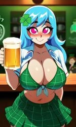 ai_generated bar beer beer_can big_breasts blue_hair blush bra busty button_down_shirt collared_shirt counter curvy female four-leaf_clover four-leaf_clover_hair_ornament friday_night_funkin friday_night_funkin_mod green_bra green_skirt indoors large_breasts long_hair looking_at_viewer original_sky_(friday_night_funkin) pink_eyes pixai plaid_bra plaid_skirt saint_patricks_day skirt sky_(friday_night_funkin) solo st._patrick's_day tavern