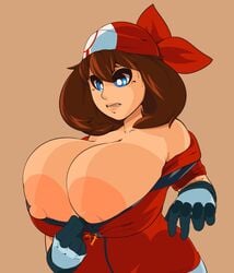 accidental_exposure areolae bandana big_areola big_nipples breasts brown_hair cleavage clenched_teeth female gloves highres huge_areolae huge_nipples human human_only hyper hyper_breasts long_hair may_(pokemon) nervous nintendo nipple_slip nipples no_bra plantpenetrator pokemon simple_background solo sweat wardrobe_malfunction