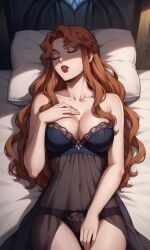 1girls ai_generated bigmic145 blue_dress braid breasts castlevania castlevania_(netflix) hair_ornament lenore_(castlevania) lips long_hair medium_breasts negligee orange_hair panties see-through see-through_clothing sleeping vampire vampire_girl wavy_hair