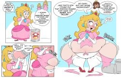 1girls 2girls ass bbw belly blonde_hair blue_eyes bow_panties breasts comic comic_page crown earrings english_text fat female female_focus female_only heels hips hyper hyper_ass large_ass large_breasts mario_(series) nintendo one_page_comic overweight overweight_female panties princess princess_daisy princess_peach ripped_clothing ripped_dress shortstackification speech_bubble stockings stomach super_mario_bros. text text_bubble thick_thighs thighs underwear veryfilthything wardrobe_malfunction weight_gain wide_hips