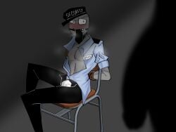 chair five_nights_at_freddy's fnaf fog gay grey_skin guard heavy_breathing male male/male male_only marlushii mike_schmidt mike_schmidt_(fnaf) milk milk_leaking nipples rebornica saliva security security_guard smell tie tied_up