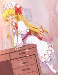 barefoot blonde_hair blue_eyes blush bow crotch_rub desk dress fairy_wings feet female female_masturbation hat highres lily_white long_hair masturbation masturbation_through_clothes red_bow solo table_humping teoi_(good_chaos) touhou white_dress wings