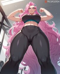 abs ai_generated ass_visible_through_thighs black_pants black_sports_bra blue_eyes breasts cameltoe earrings exercise female from_below gym hair_ornament jewelry large_breasts league_of_legends league_of_legends:_wild_rift long_hair looking_at_viewer megasonek midriff muscular muscular_female navel pants patreon_username pink_hair riot_games seraphine_(league_of_legends) solo sports_bra very_long_hair watermark