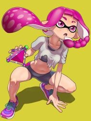 1girls black_bra black_sports_bra bomb bra braid braided_hair digital_drawing_(artwork) digital_media_(artwork) female female_focus female_only inkling inkling_girl looking_to_the_side nintendo on_knee pink_eyes pink_hair pose shadow shorts simple_background splatoon splatoon_3 sports_bra squatting torn_clothes torn_clothing tsuwitchii84