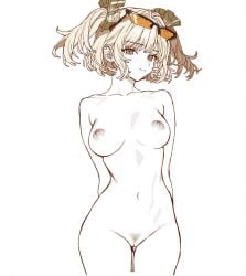 ai_generated arms_behind_back ass_visible_through_thighs blonde_hair breasts burnice_white closed_mouth collarbone completely_nude cowboy_shot eyewear_on_head female female_pubic_hair hair_ribbon looking_at_viewer medium_breasts monochrome navel nipples nude pubic_hair pussy ribbon self_upload short_hair simple_background solo spare1632 spot_color standing stomach sunglasses thigh_gap twintails two_side_up white_background zenless_zone_zero