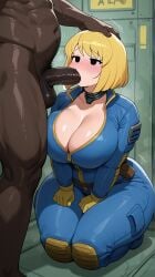 1boy 1girls ai_generated astrawaifu bbw big_breasts big_penis black_eyes blonde_hair blowjob blush blushing blushing_female bodysuit cleavage clothed_female_nude_male curvy curvy_female curvy_figure dark-skinned_male fallout fellatio hand_on_head interracial large_breasts large_penis larger_male light-skinned_female mature_female pawg size_difference sucking_penis thick thick_hips thick_thighs vault_girl vault_suit