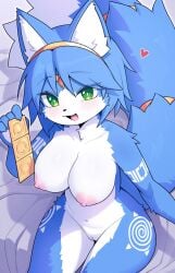 absurd_res accessory anthro big_breasts blue_body blue_fur blue_hair breasts canid canine condom condom_wrapper devil-vox female fluffy fluffy_tail fox front_view fur fur_markings genitals green_eyes hair hair_accessory hairband heart_symbol hi_res holding_condom holding_object krystal krystal_(star_fox) looking_at_viewer mammal markings nintendo nude pussy sexual_barrier_device sitting solo star_fox tail white_body white_fur