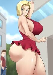 1woman android_18 android_18_(pinkpawg) big_ass big_breasts blonde_hair curvy_milf curvy_woman dragon_ball huge_breasts no_bra no_panties outdoors pinkpawg red_dress short_hair smile thick_thighs voluptuous_female