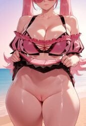 ai_generated balecxi beach bikini breasts fire_emblem fire_emblem:_three_houses hilda_valentine_goneril lifting_skirt pink_hair pussy sweat