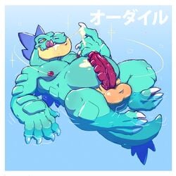 alligator belly better_version_at_source crocodilian cum cum_on_self erection feraligatr licking male male_only musclechub muscular muscular_male nintendo overweight penis pokémon_(species) pokemon reptile saliva scalie shiny solo tongue tongue_out video_games water