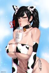 bandai_namco big_breasts black_hair blue_eyes blush blush breasts_bigger_than_head bubble_butt cow_horns cow_print cow_print_armwear cow_print_bikini cowbell cowbell_collar drink_on_breasts drinking_milk fenrox heart_symbol ling_xiaoyu namco sleeping tekken