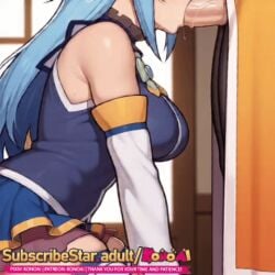 ai_generated animated animated_gif aqua_(konosuba) blowjob cropped darkness_(konosuba) deepthroat drooling fellatio futa_on_female futanari kneeling kono_subarashii_sekai_ni_shukufuku_wo!