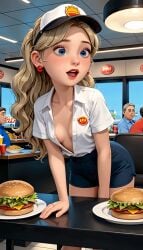 ai_generated before_anal before_oral before_sex bending_over blonde_female blonde_hair blonde_hair blonde_hair_female blue_eyes breasts employee employee_uniform fast_food food open_clothes open_shirt original_character pixar_style restaurant serving_food smile student_susie terror139 uniform white_girl white_skin work_uniform workplace