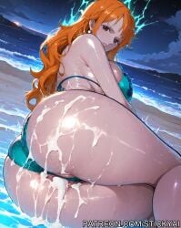 ai_generated beach bikini breasts brown_eyes clothing cum cum_overflow female female_only nami nami_(one_piece) night nsfw ocean one_piece orange_hair sand stickyai