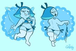 aquamarine_(steven_universe) bikini blue_eyes blue_hair blue_skin cartoon_network chubby_female gem_(species) gollyollyoxenfree looking_at_viewer solo solo_female steven_universe stripping taking_off_bra taking_picture thighhighs water_wings wings